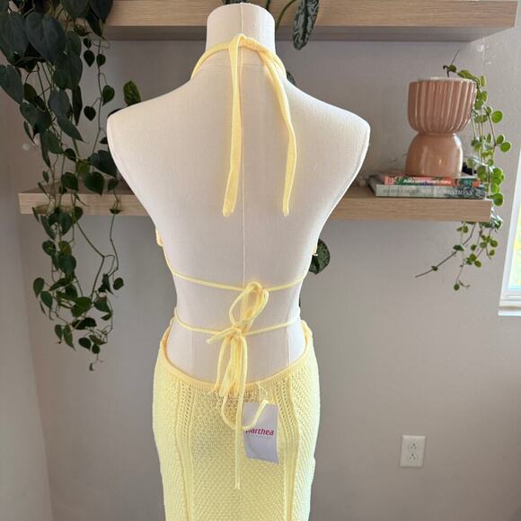 Yellow Crochet Knit Halter Maxi Dress Swim Cutout Open Back, Boho Beachwear, S/M - Picture 5 of 9